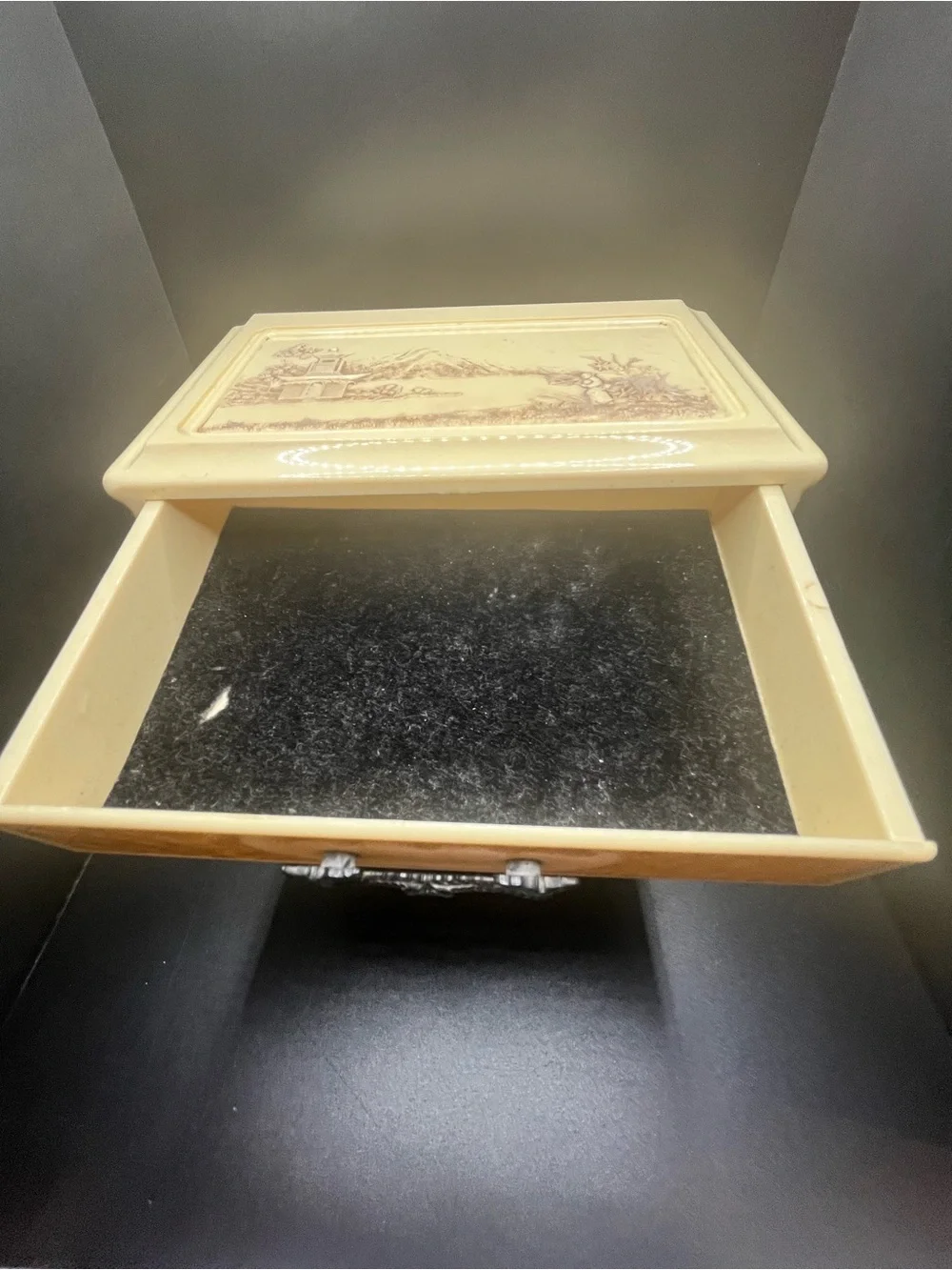 Vintage 1950s Celluloid Jewelry Box Asian Scenic 3 Drawer Vanity Trinket Chest.